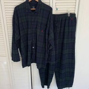 Polo Ralph Lauren Mens L/XL Black Watch Plaid Flannel Pajama Set Navy Green Pony